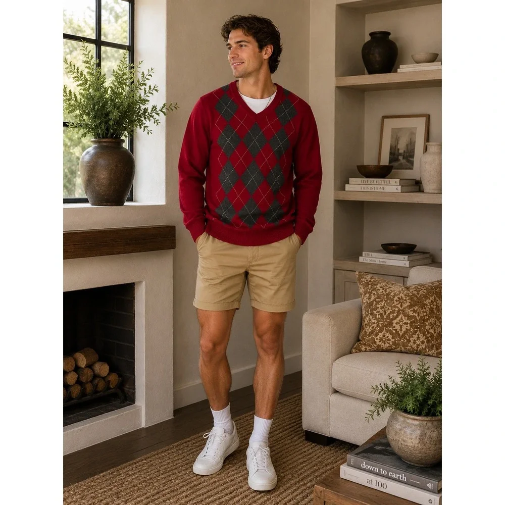 Banana Republic Sweater Mens Large Red Argyle Silk Cashmere Preppy Academic